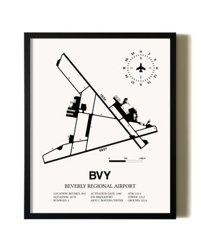 Framed Beverly Regional Airport wall art poster in black frame