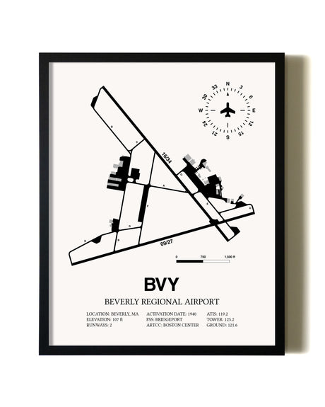 Framed Beverly Regional Airport wall art poster in black frame