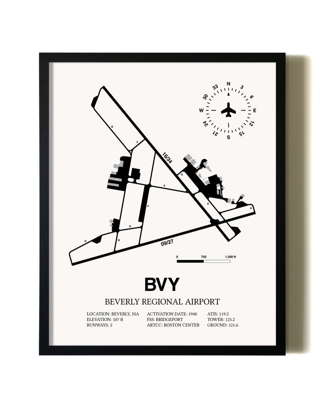Framed Beverly Regional Airport wall art poster in black frame