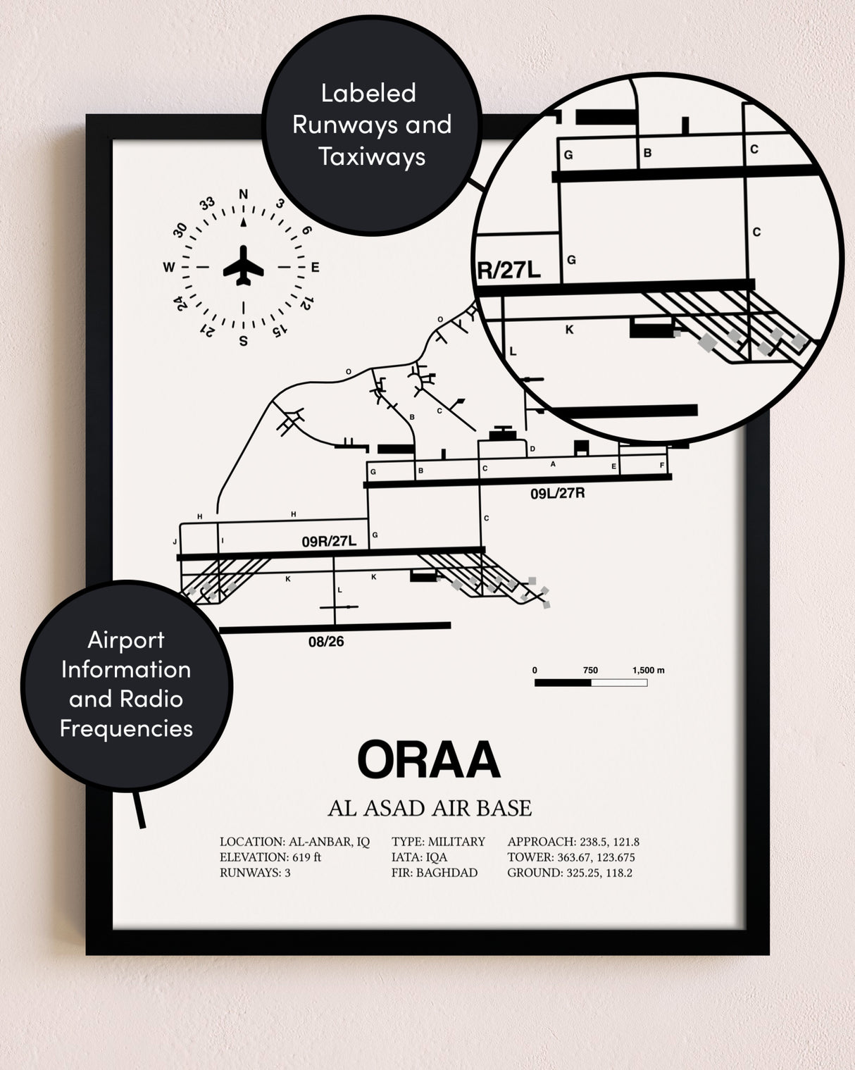 Framed Al Asad Air Base layout wall art poster