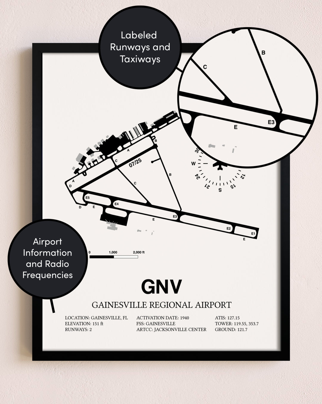 Framed Gainesville Regional Airport layout wall art poster