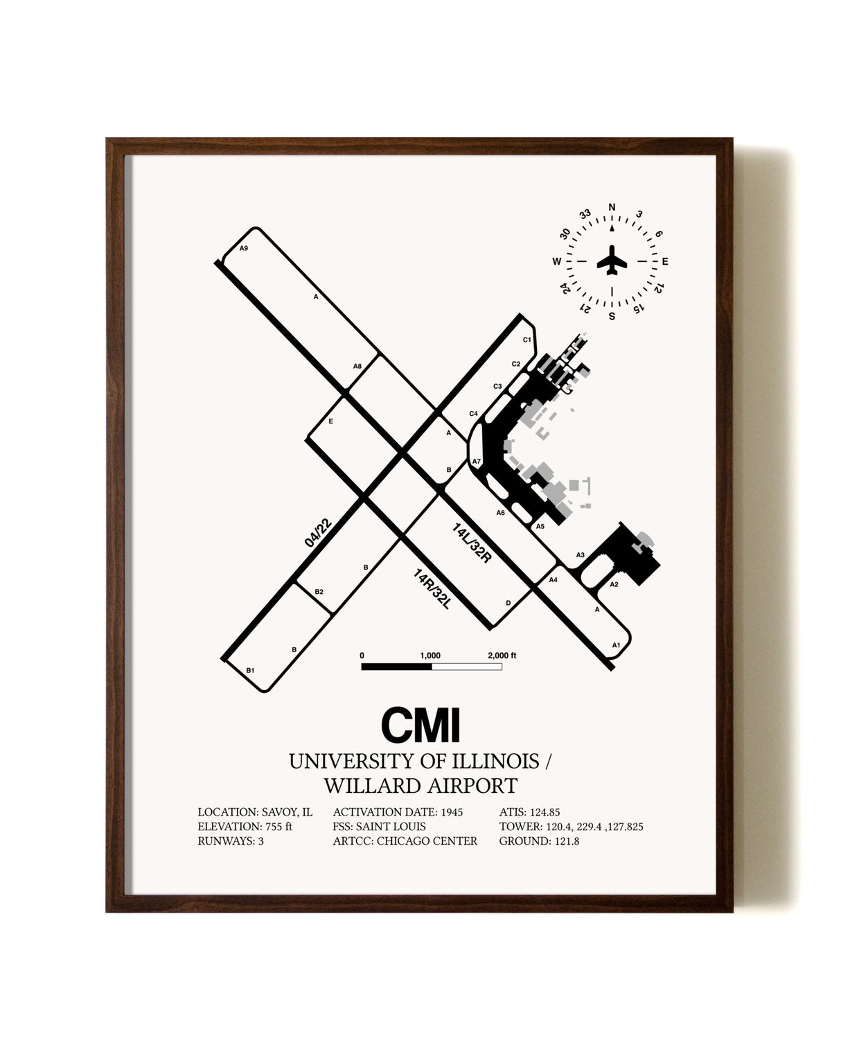 University of Illinois / Willard Airport aviation print in walnut frame