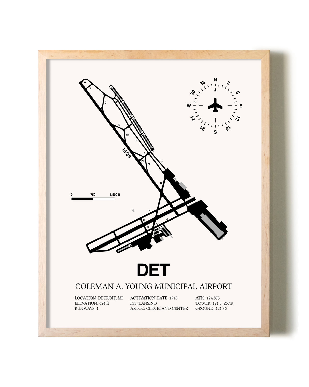 Coleman A. Young Municipal Airport framed wall art in white frame