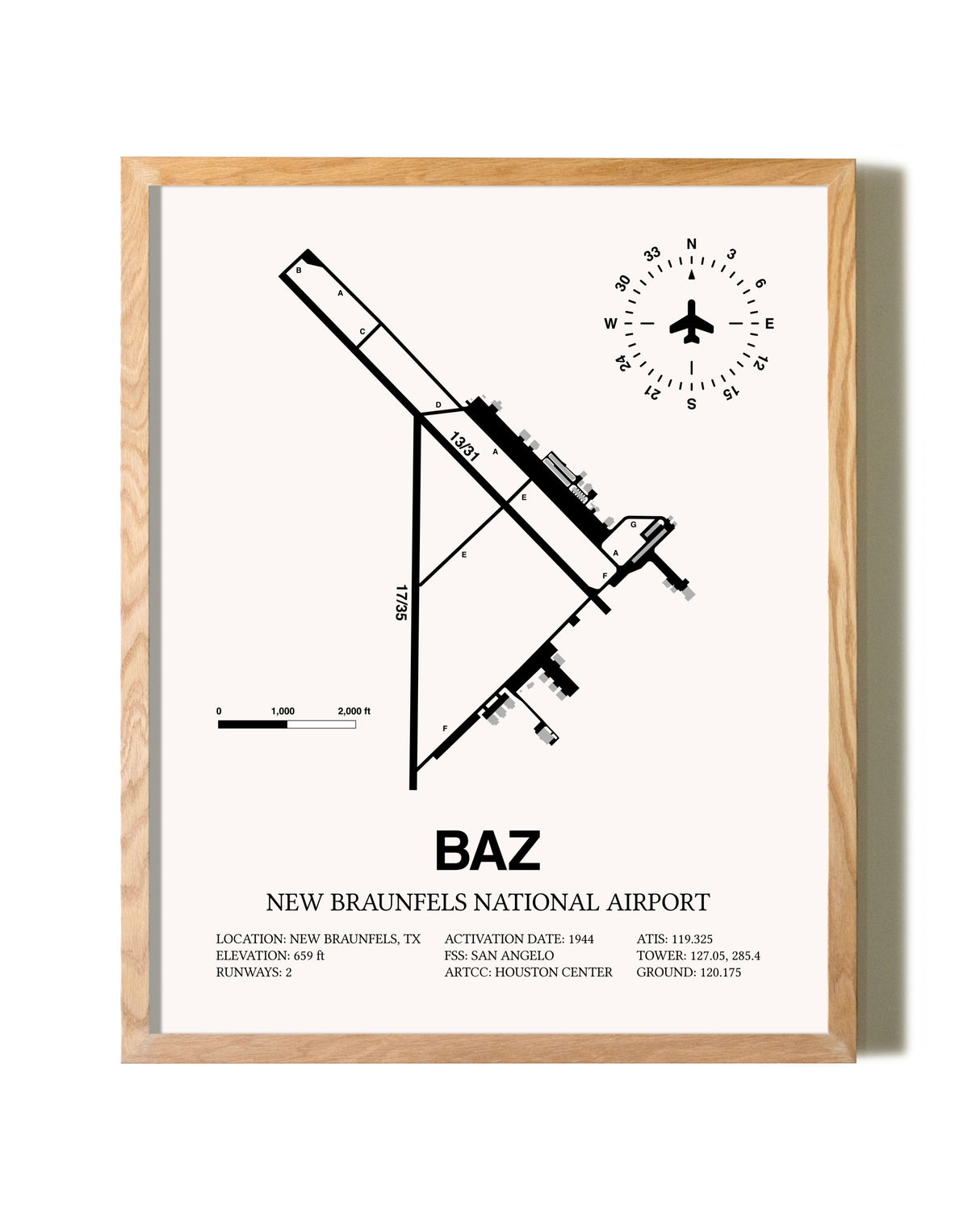 New Braunfels National Airport framed print in natural wood frame
