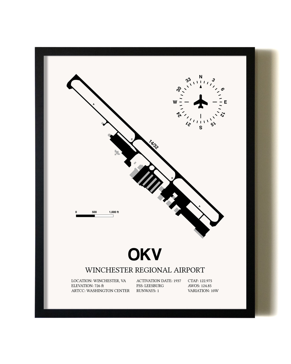 Framed Winchester Regional Airport wall art poster in black frame