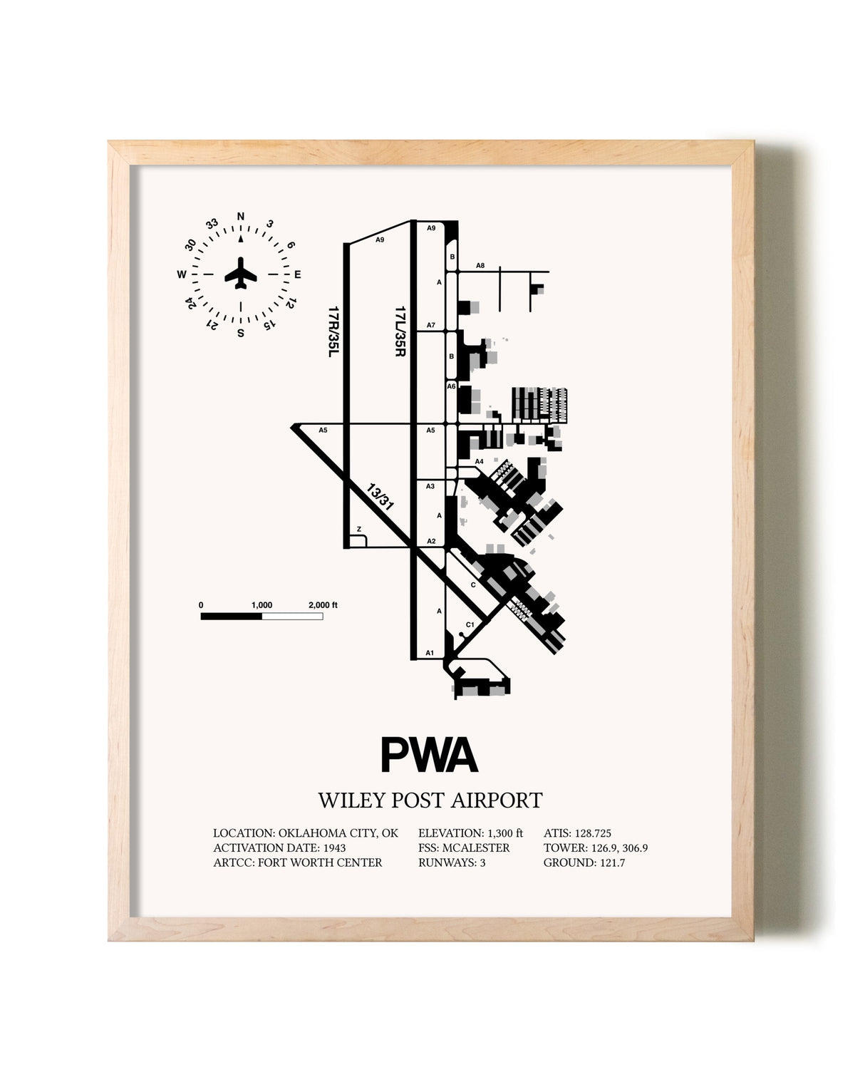 Wiley Post Airport framed wall art in white frame