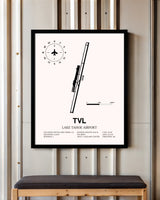 Lake Tahoe Airport framed poster displayed in an airplane hangar