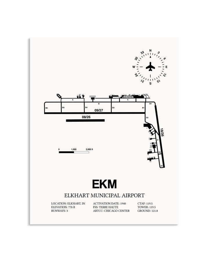 Gray Elkhart Municipal Airport framed poster displayed in an airplane hangar
