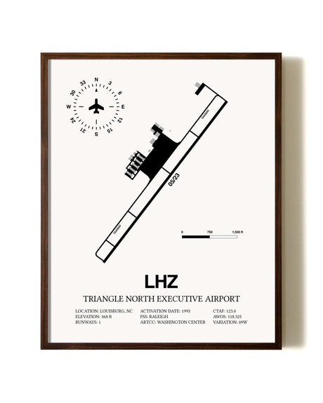 Triangle North Executive Airport aviation print in walnut frame