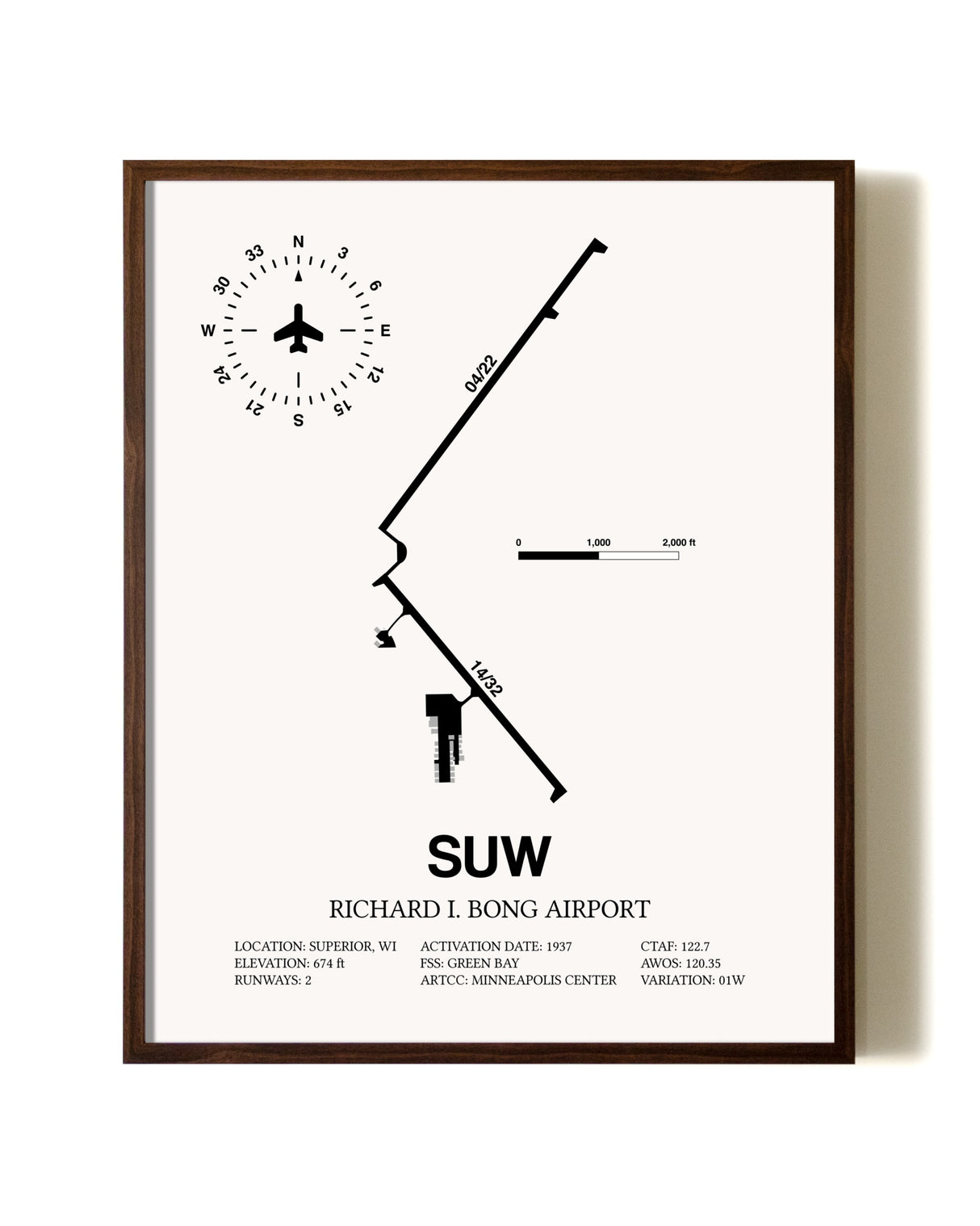 Richard I Bong Airport aviation print in walnut frame