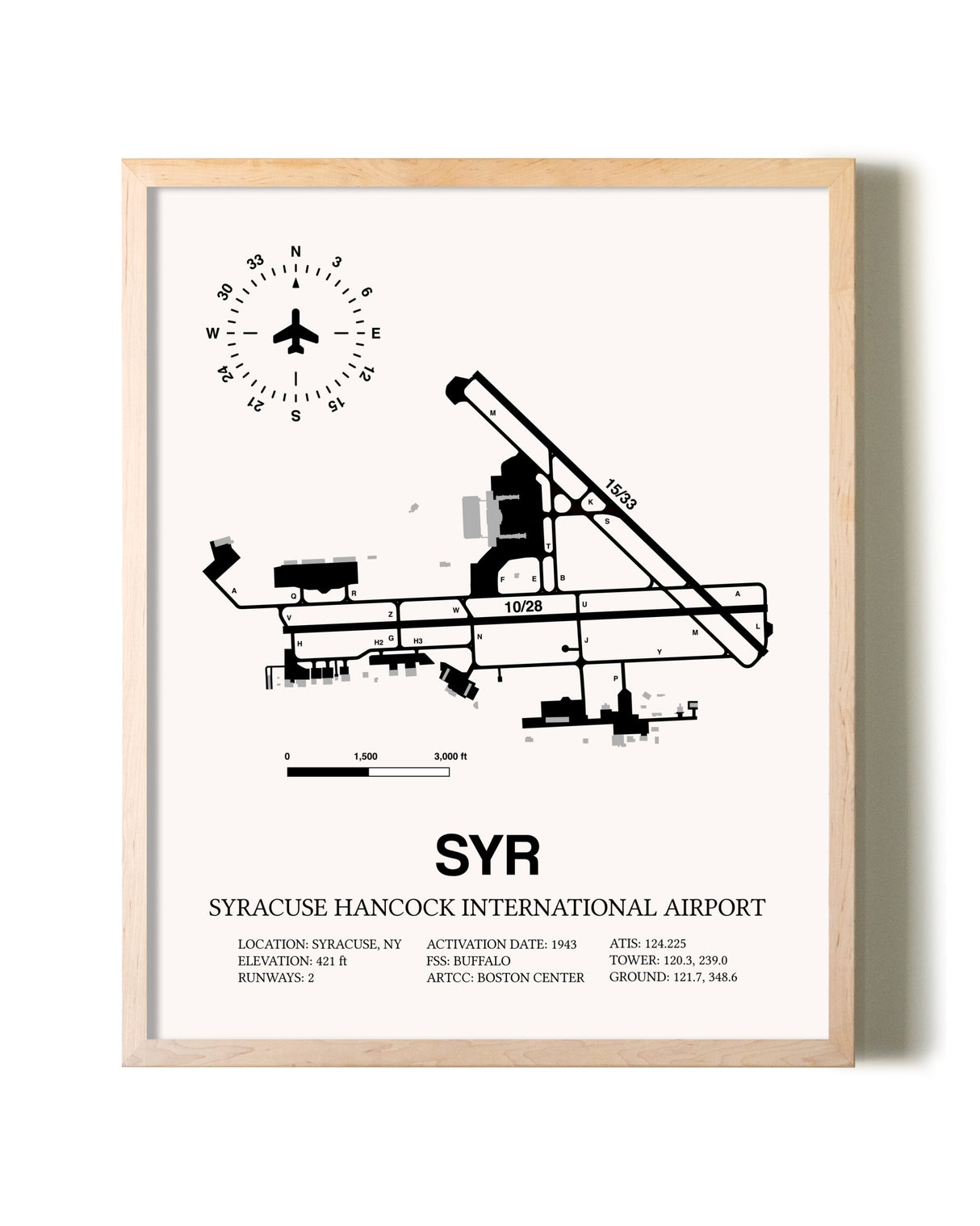 Syracuse Hancock International Airport framed wall art in white frame