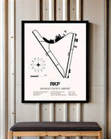 Aransas County Airport framed poster displayed in an airplane hangar