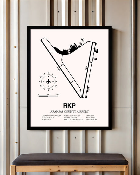 Aransas County Airport framed poster displayed in an airplane hangar