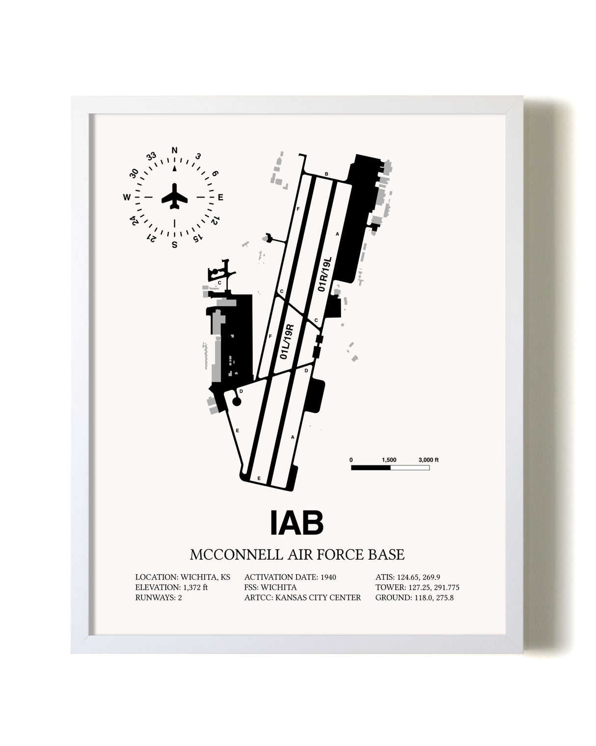 McConnell Air Force Base airport map poster in oak frame
