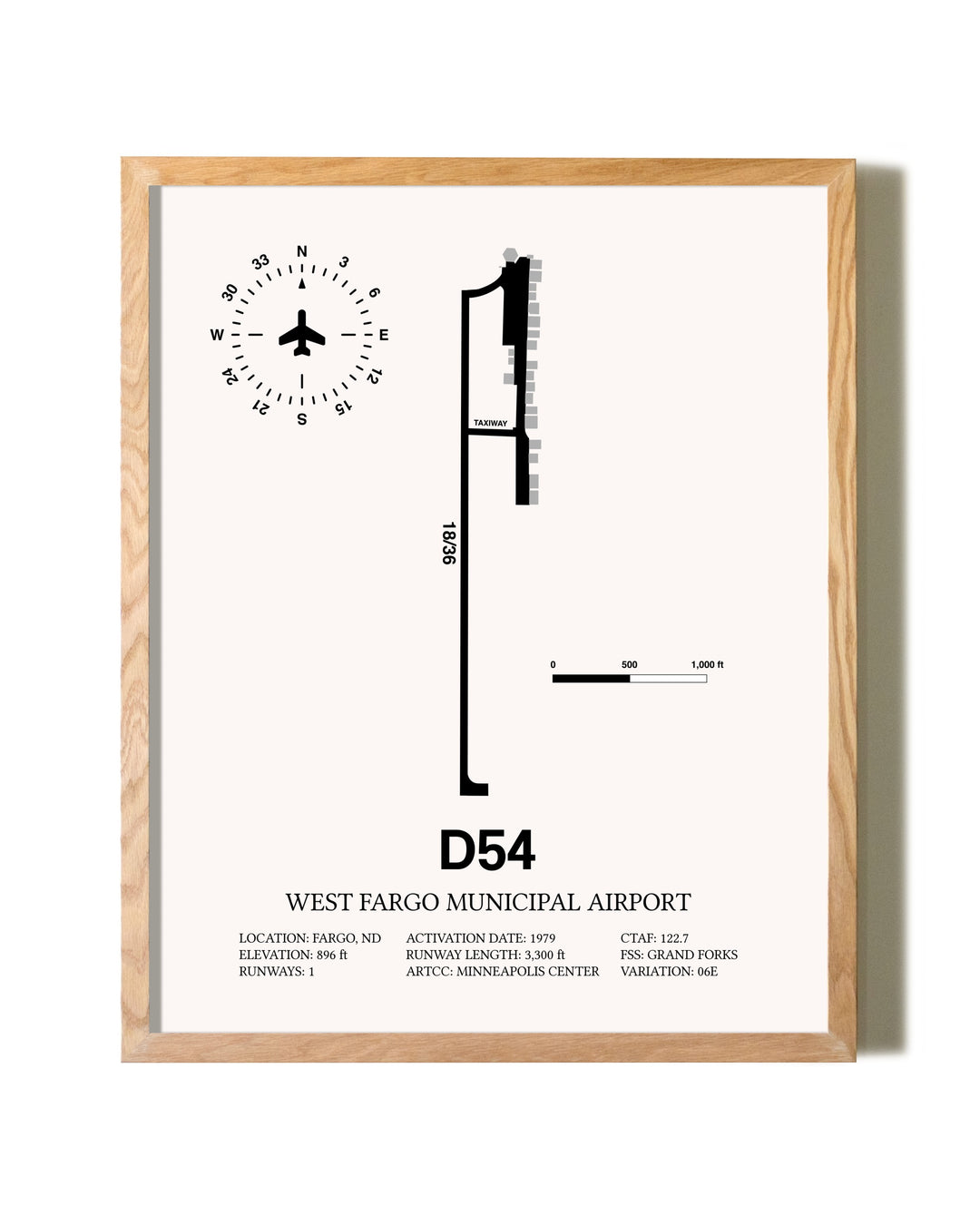 West Fargo Municipal Airport framed print in natural wood frame