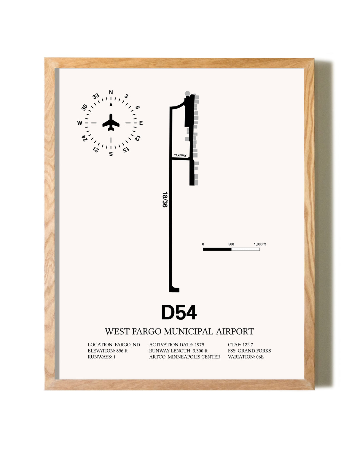 West Fargo Municipal Airport framed print in natural wood frame