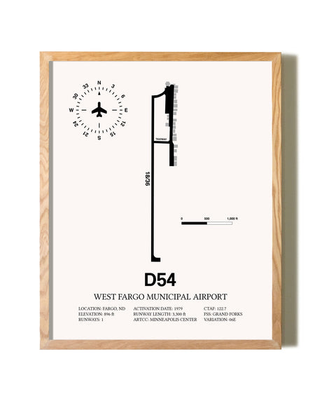 West Fargo Municipal Airport framed print in natural wood frame