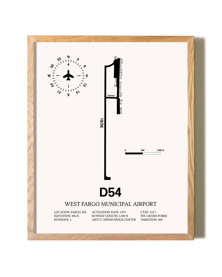 West Fargo Municipal Airport framed print in natural wood frame