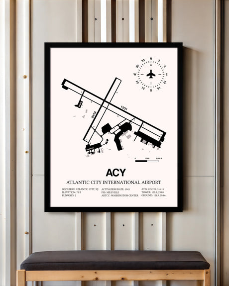 Atlantic City International Airport framed poster displayed in an airplane hangar