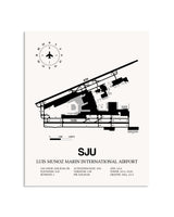 Gray Luis Munoz Marin International Airport framed poster displayed in an airplane hangar