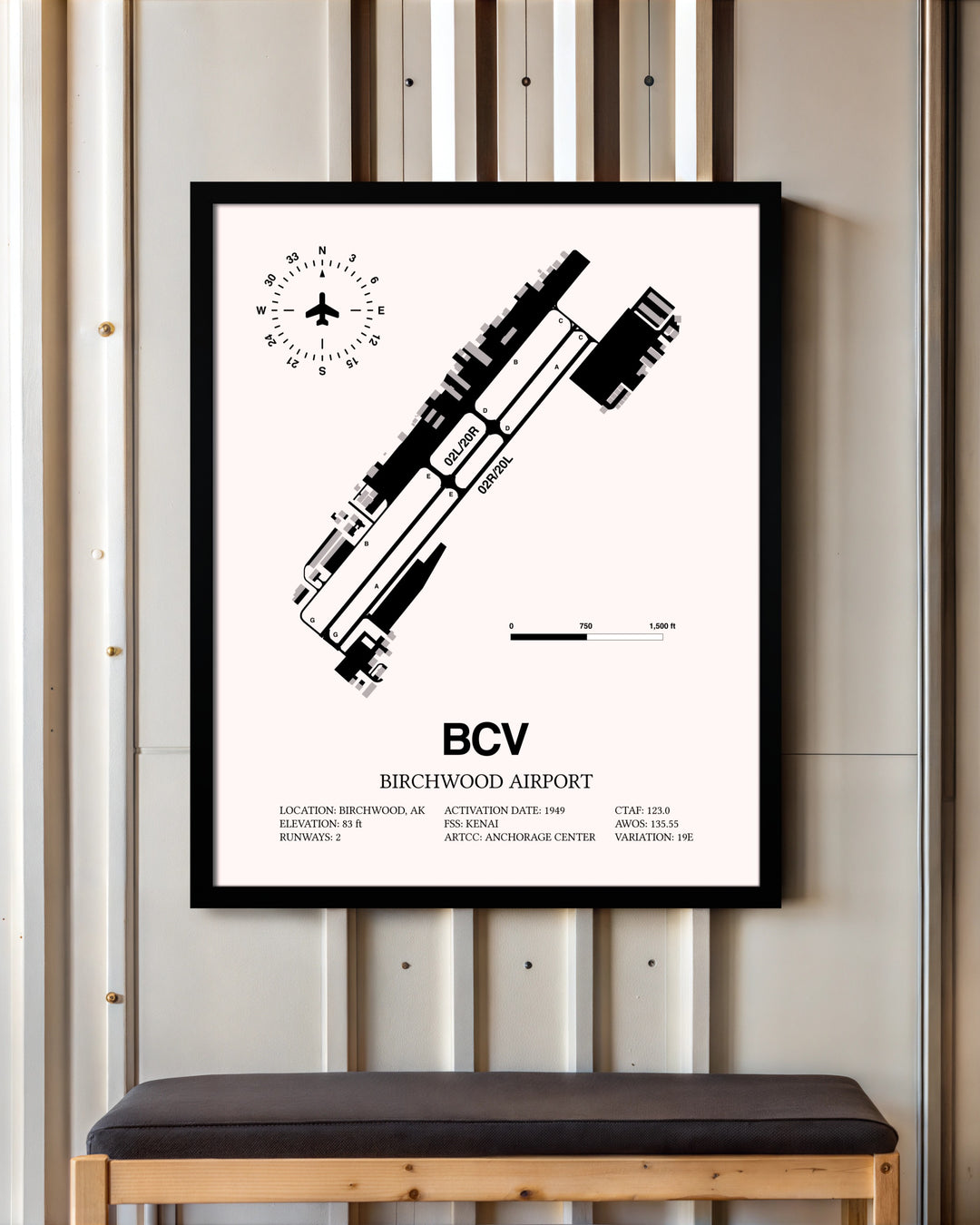 Birchwood Airport framed poster displayed in an airplane hangar