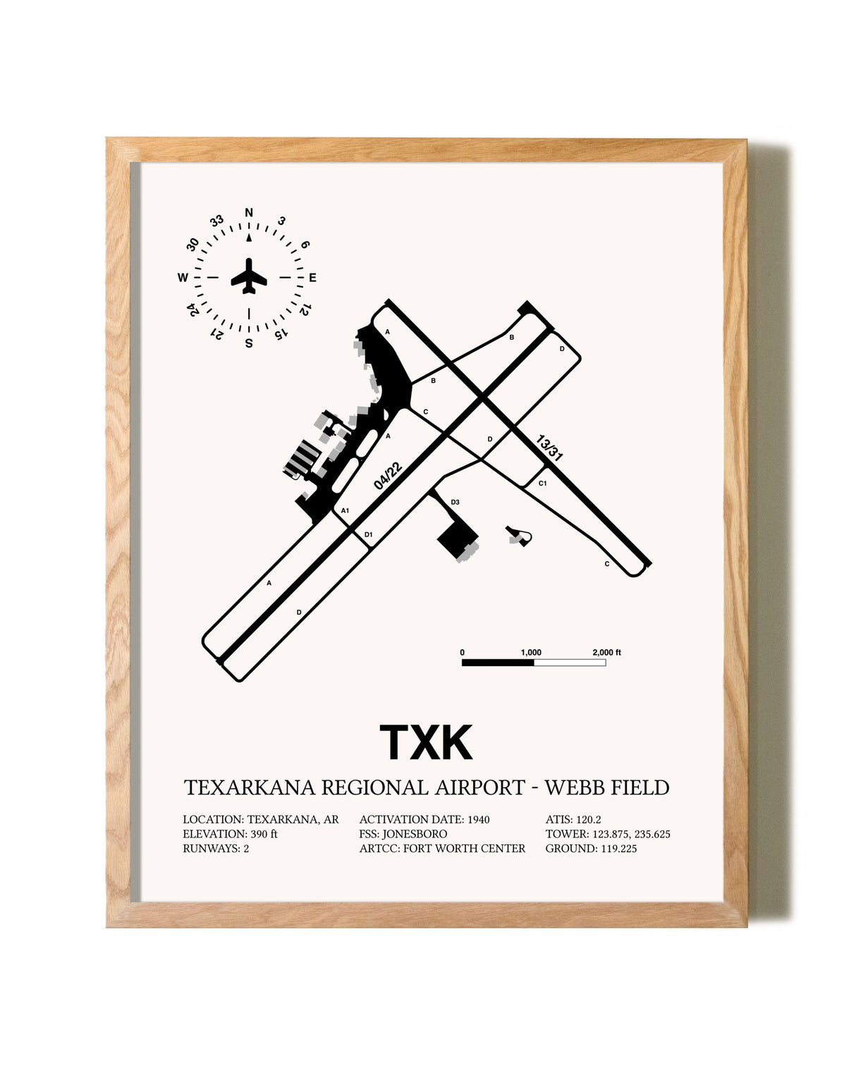 Texarkana Regional Airport-Webb Field framed print in natural wood frame