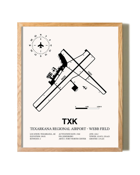 Texarkana Regional Airport-Webb Field framed print in natural wood frame