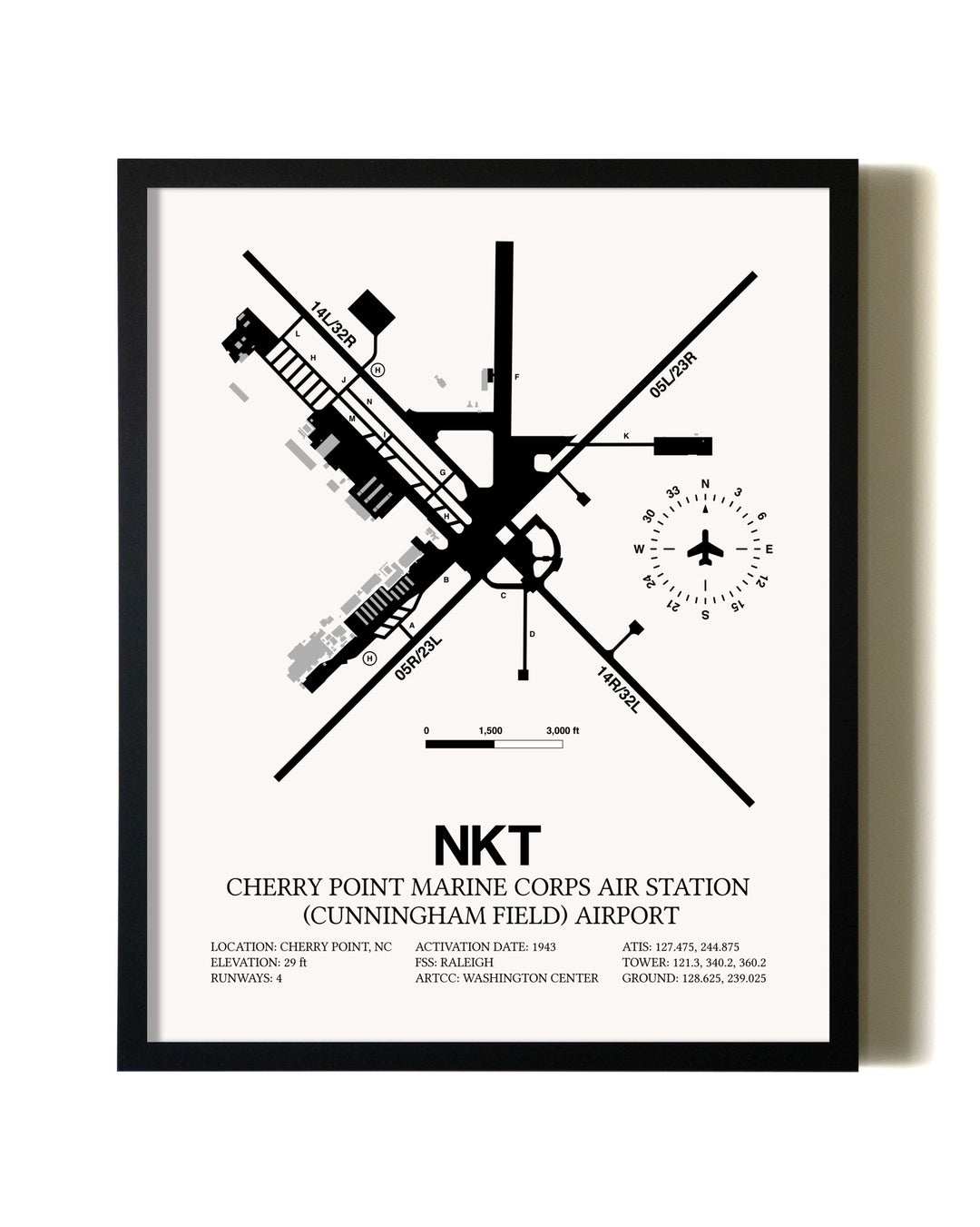 Framed Cherry Point Marine Corps Air Station (Cunningham Field) Airport wall art poster in black frame
