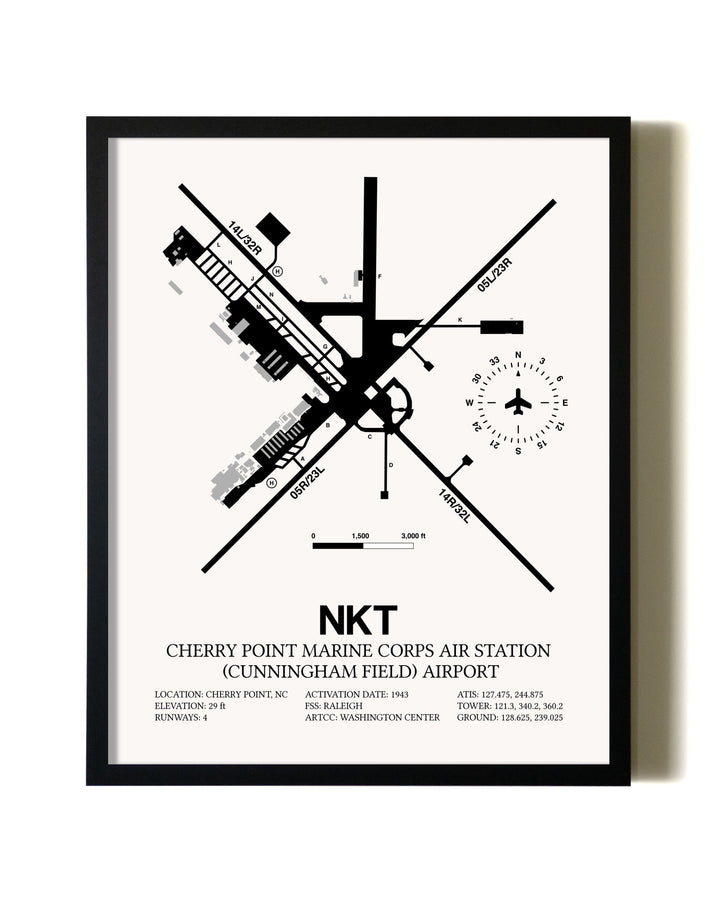 Framed Cherry Point Marine Corps Air Station (Cunningham Field) Airport wall art poster in black frame