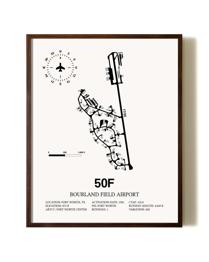 Bourland Field Airport aviation print in walnut frame