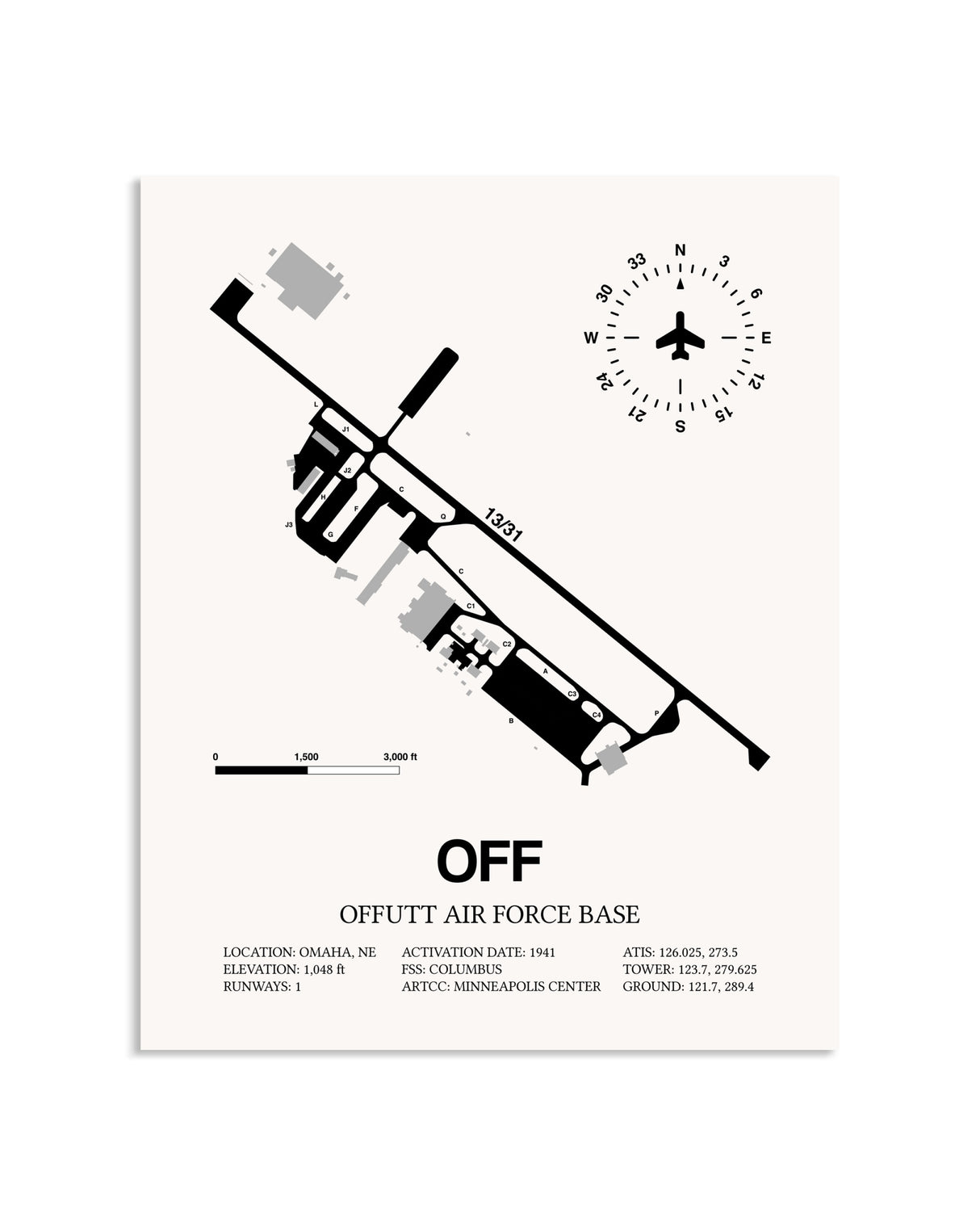 Gray Offutt Air Force Base framed poster displayed in an airplane hangar