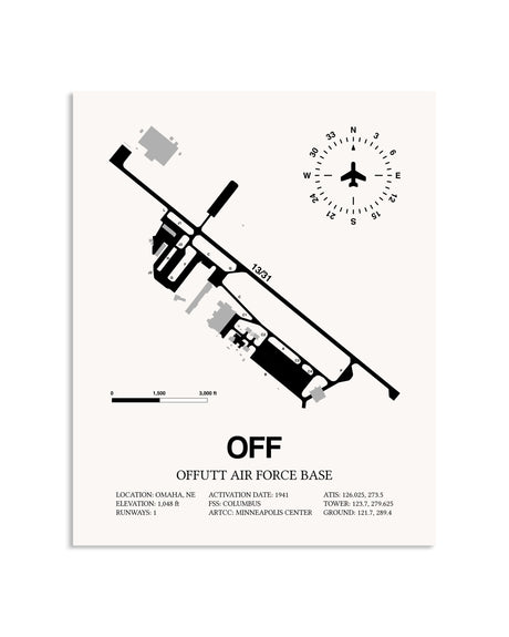 Gray Offutt Air Force Base framed poster displayed in an airplane hangar