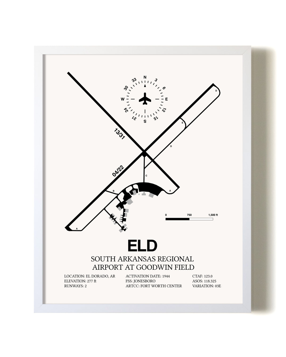 South Arkansas Regional Airport At Goodwin Field airport map poster in oak frame