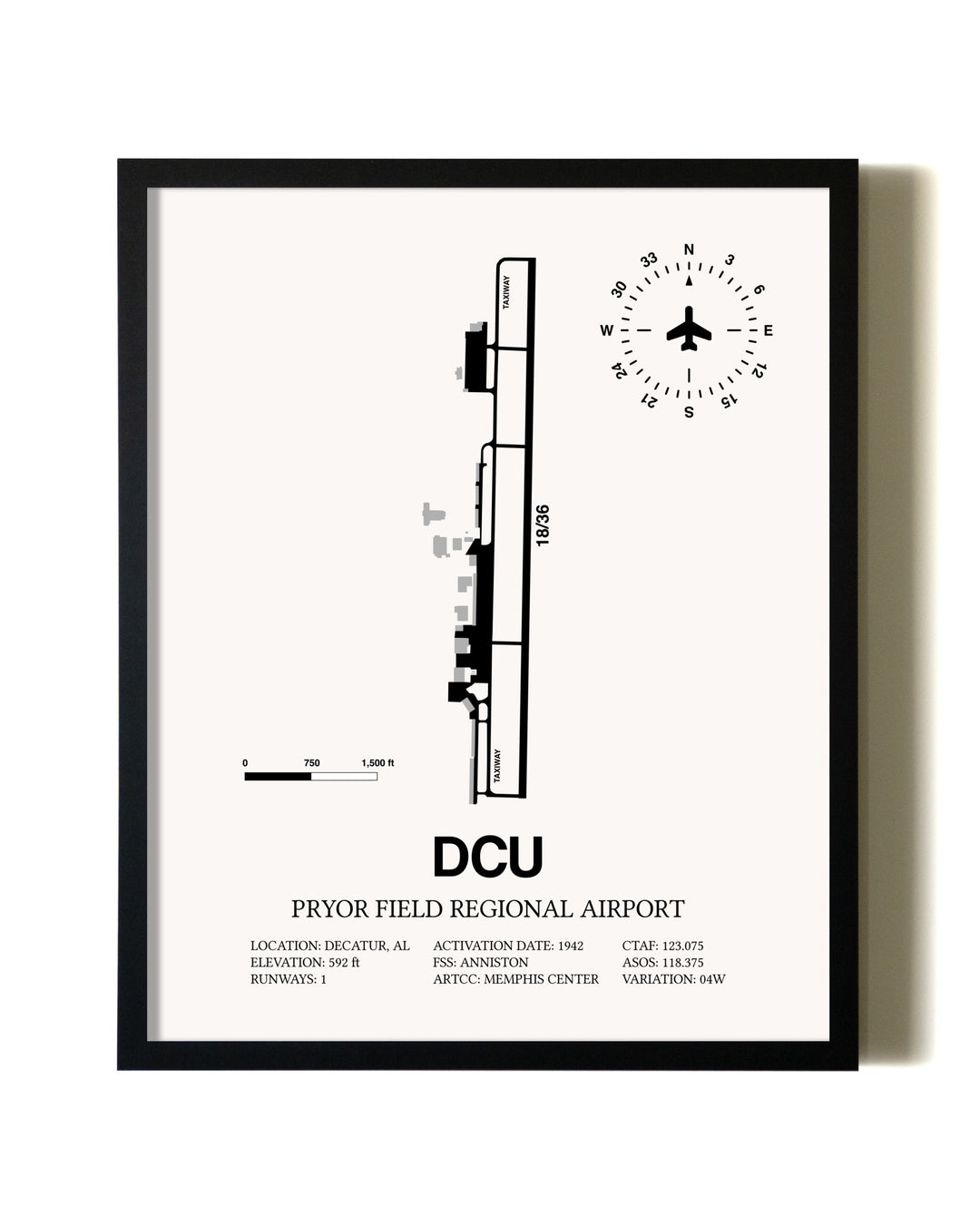 Framed Pryor Field Regional Airport wall art poster in black frame