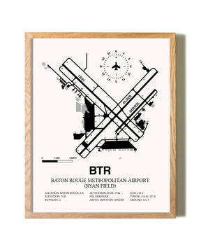 Baton Rouge Metropolitan Airport (Ryan Field) framed print in natural wood frame