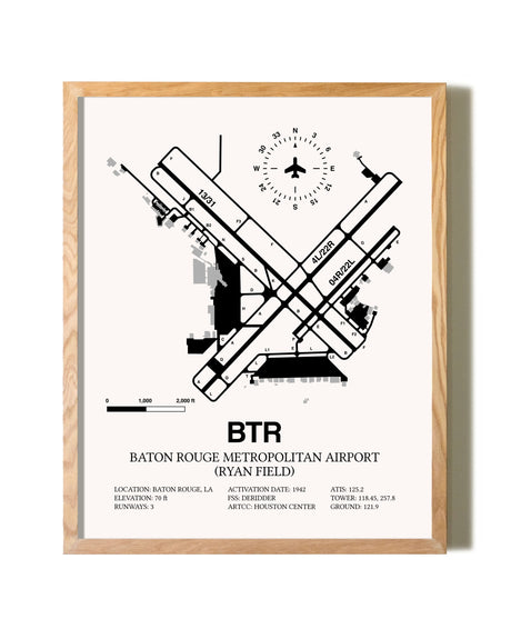 Baton Rouge Metropolitan Airport (Ryan Field) framed print in natural wood frame