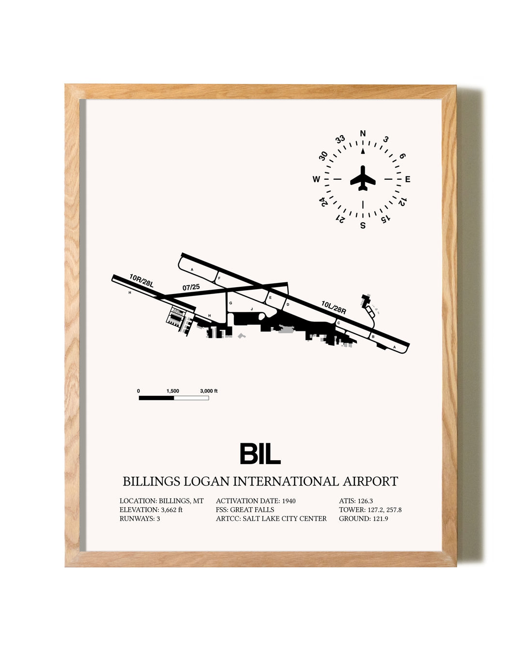 Billings Logan International Airport framed print in natural wood frame