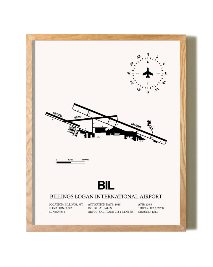 Billings Logan International Airport framed print in natural wood frame