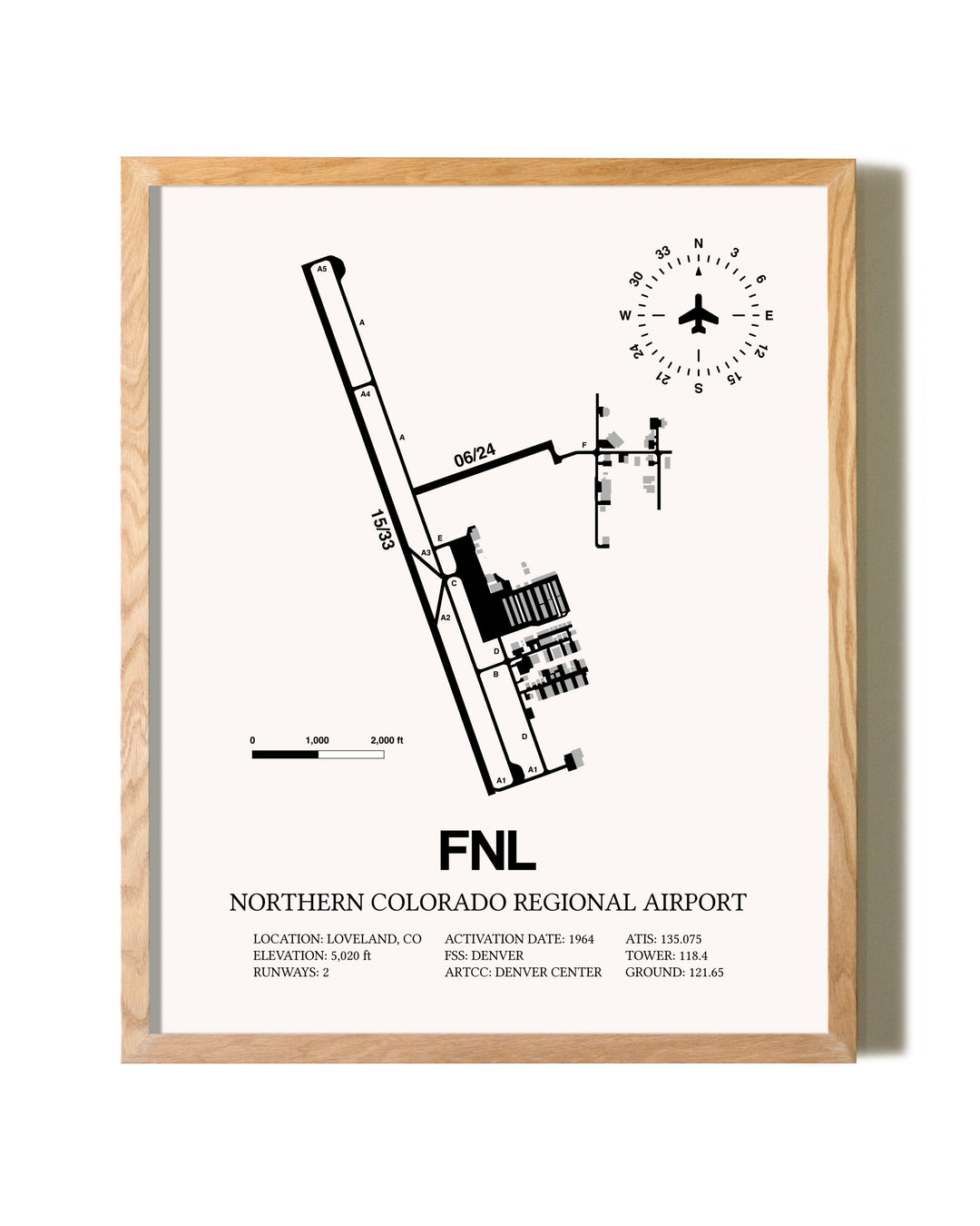 Northern Colorado Regional Airport framed print in natural wood frame