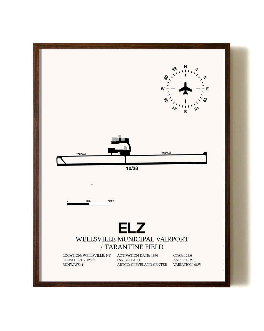Wellsville Municipal Airport / Tarantine Field aviation print in walnut frame
