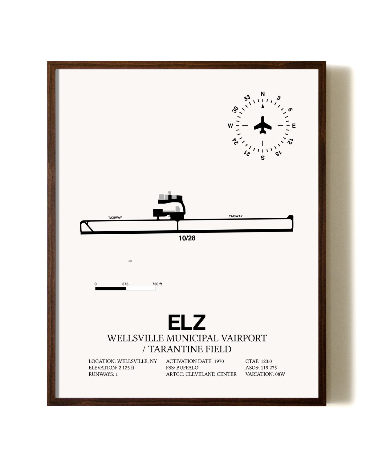 Wellsville Municipal Airport / Tarantine Field aviation print in walnut frame
