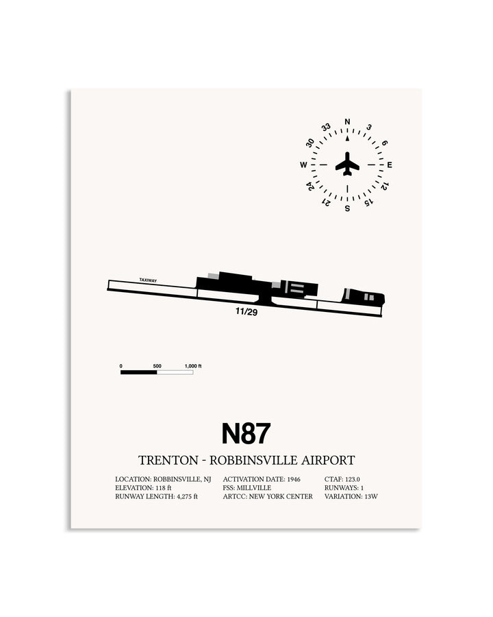 Gray Trenton-Robbinsville Airport framed poster displayed in an airplane hangar