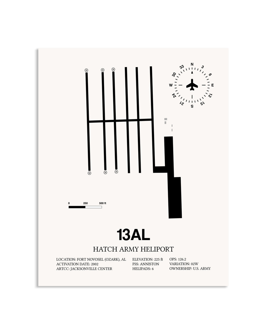 Gray Hatch Army Heliport framed poster displayed in an airplane hangar