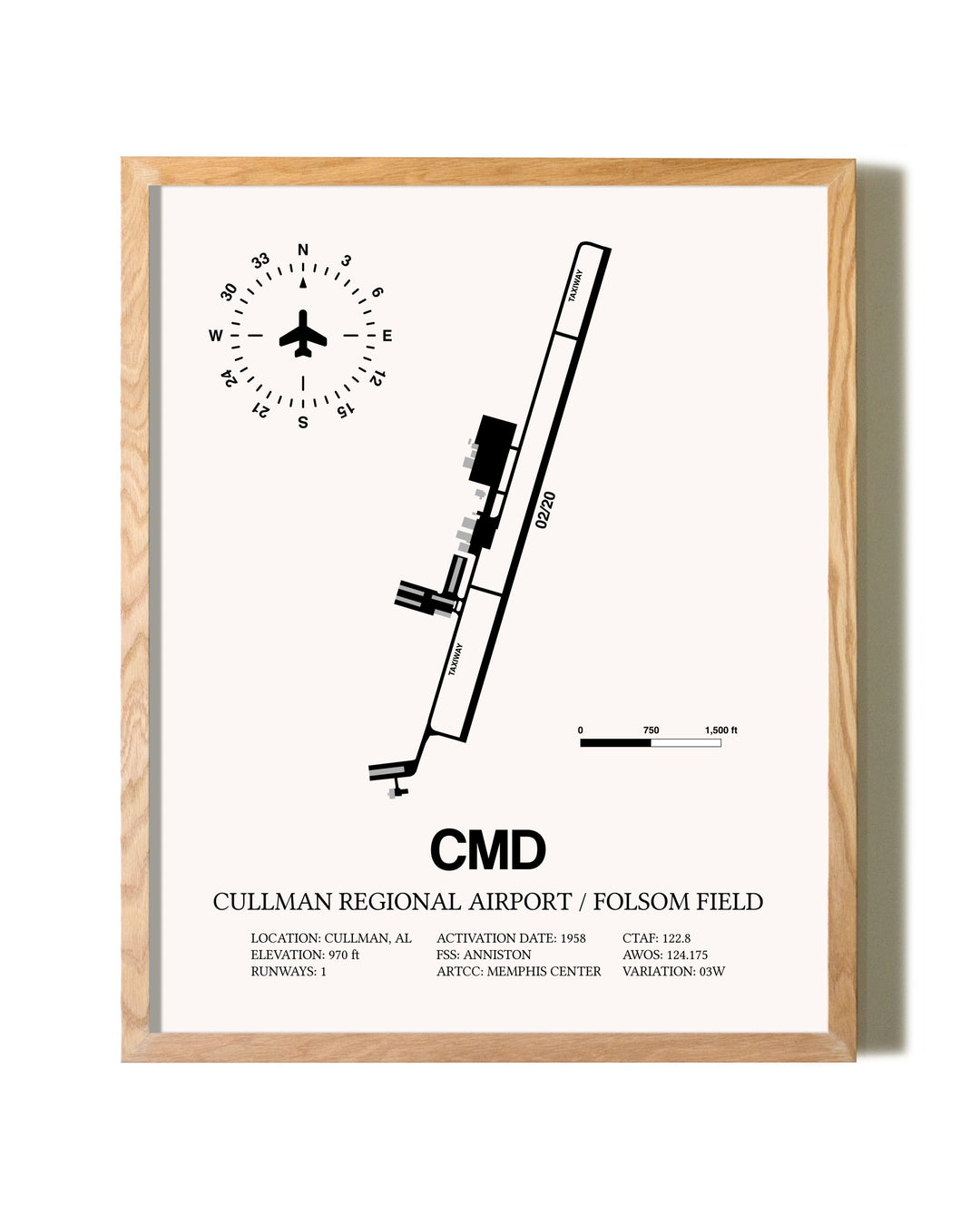 Cullman Regional Airport / Folsom Field framed print in natural wood frame