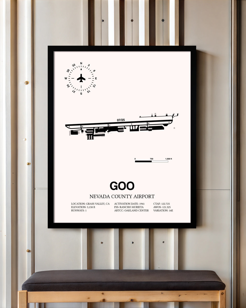 Nevada County Airport framed poster displayed in an airplane hangar