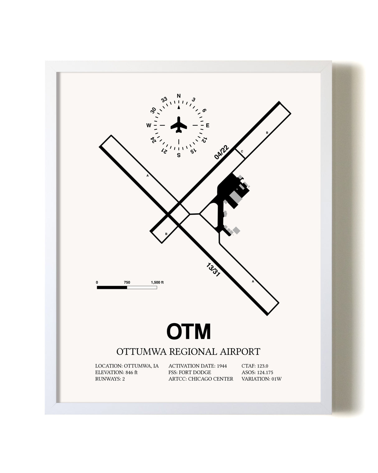 Ottumwa Regional Airport airport map poster in oak frame