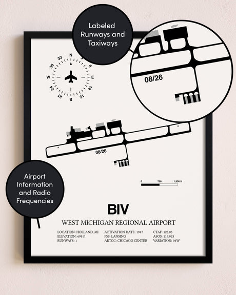 Framed West Michigan Regional Airport layout wall art poster