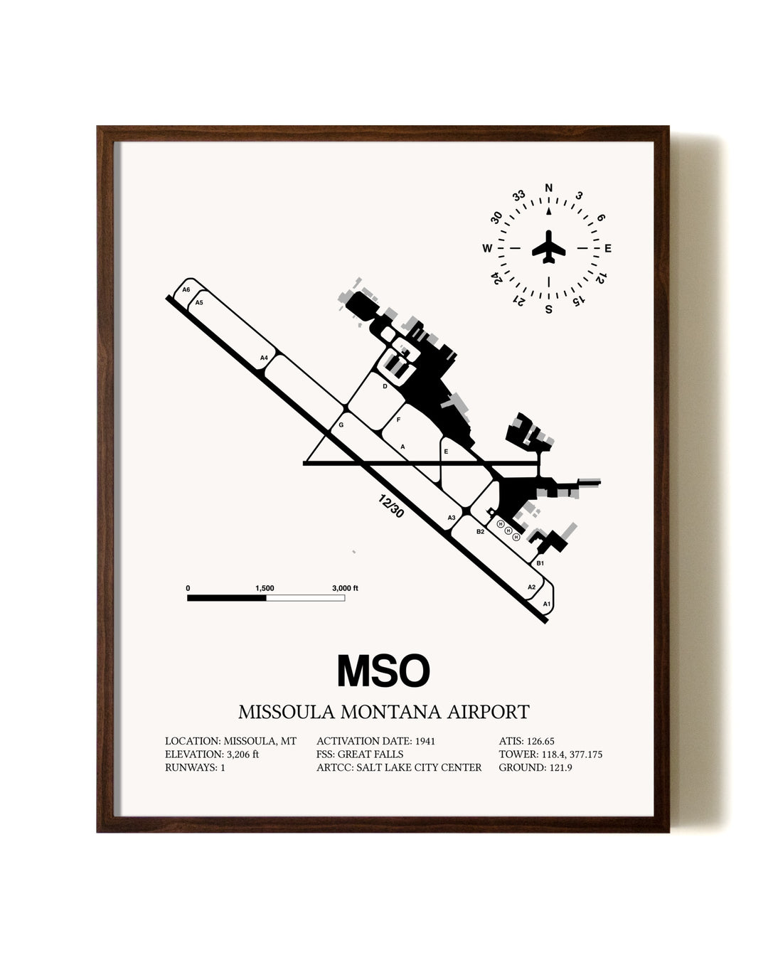 Missoula Montana Airport aviation print in walnut frame