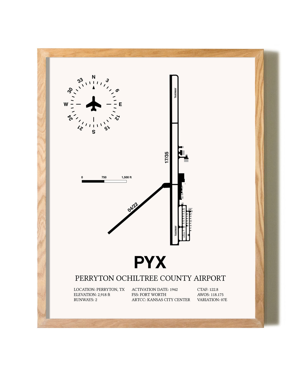 Perryton Ochiltree County Airport framed print in natural wood frame