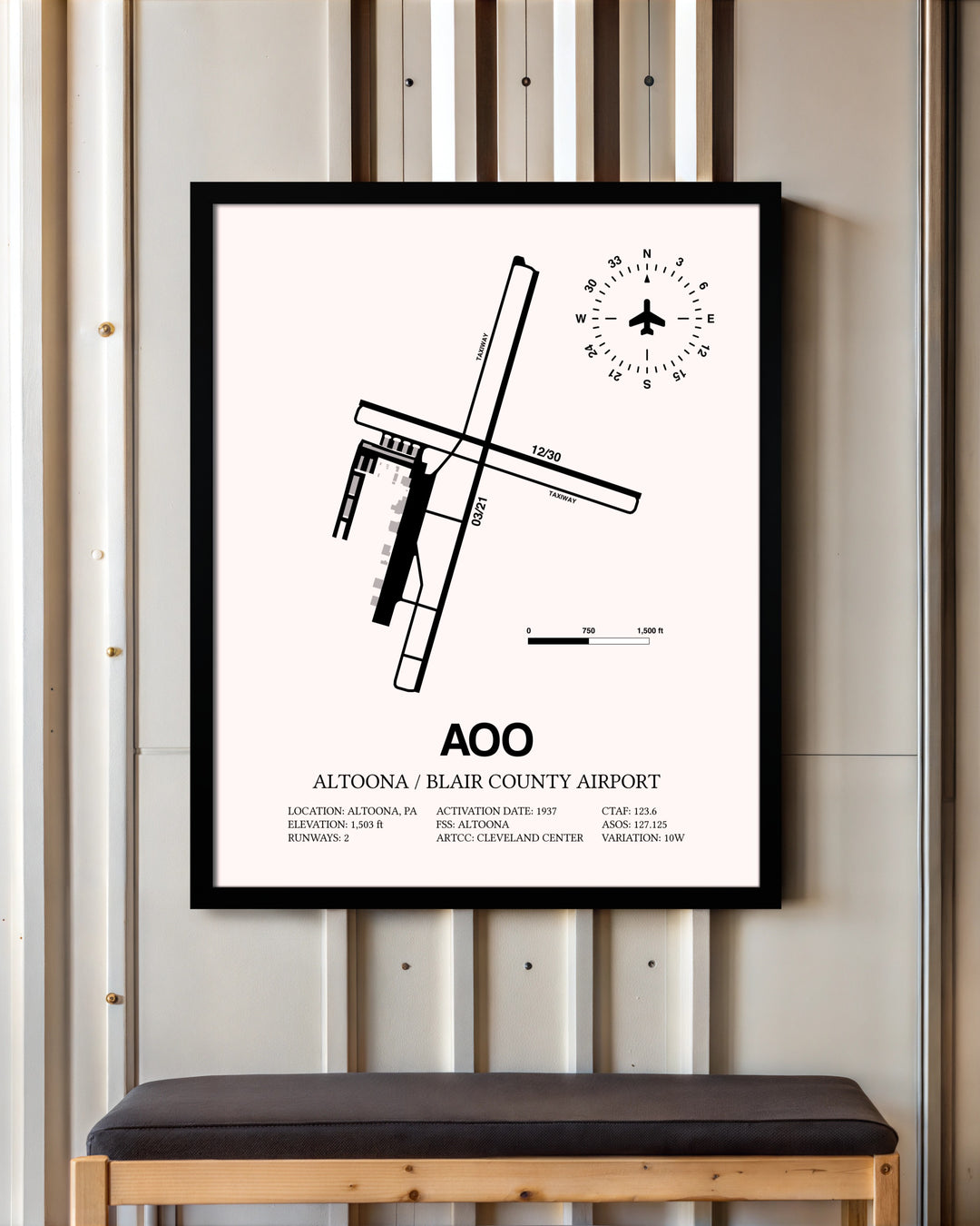 Altoona / Blair County Airport framed poster displayed in an airplane hangar